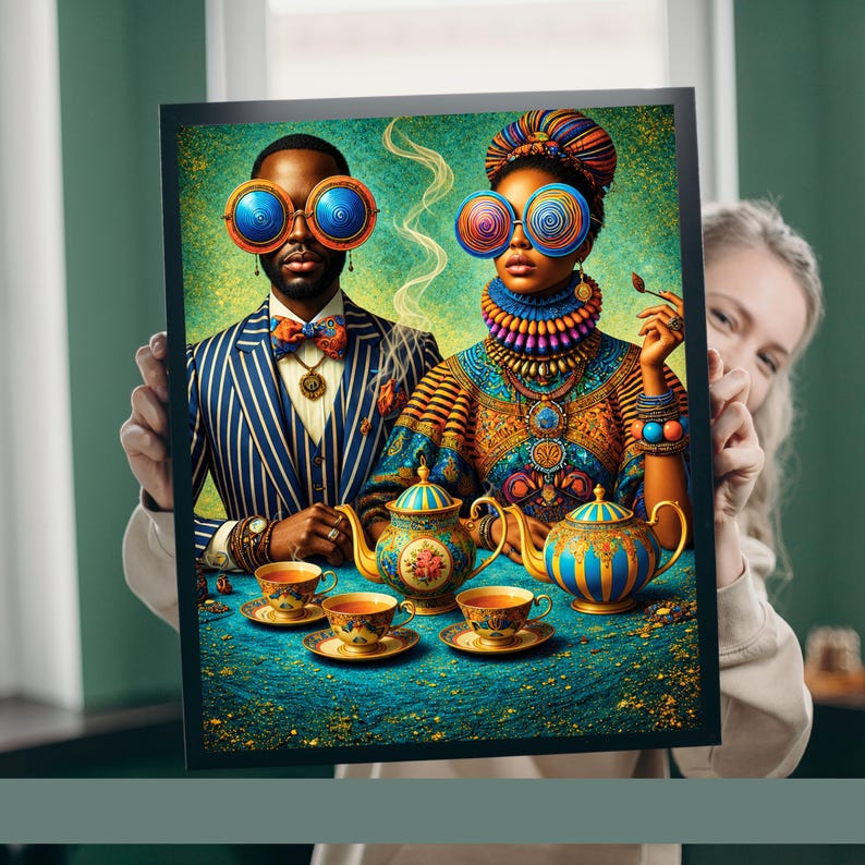 Black Couple Wall Art – Tea Time Harmony, Printable image 5