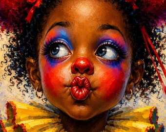 Black Girls Wall Art, Whimsical Clown Portrait, Printable