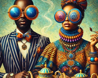 Black Couple Wall Art – Afro Tea Party Portrait, Fashion Afrocentric Printable