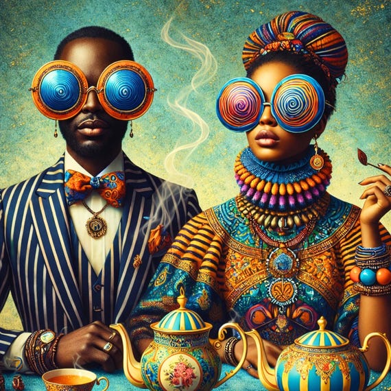 Black Couple Wall Art – Afro Tea Party Portrait, Fashion Afrocentric Printable