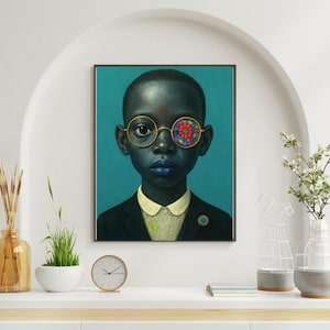 Black Boy Wall Art – Afrocentric Kids Portrait with Colorful Glasses, Inspirational African American Print