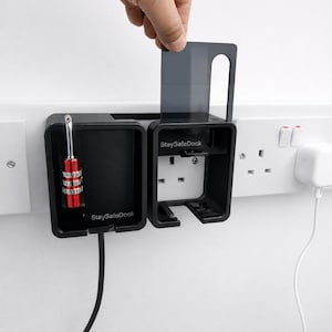 StaySafeDock™: Black Lockable 3D-Printed socket, plug and phone charger cable protector