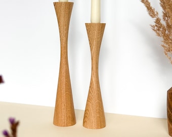 Oak Wood Taper Candle Holders: Rustic Modern Centerpiece, Set of 2