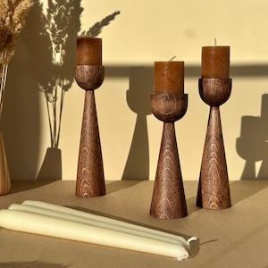 Set of 3 Unique Handcrafted Candle Holders | Oak Candlesticks for Elegant Home Decor | Rustic Style Candle Stand | Natural Wood Accent