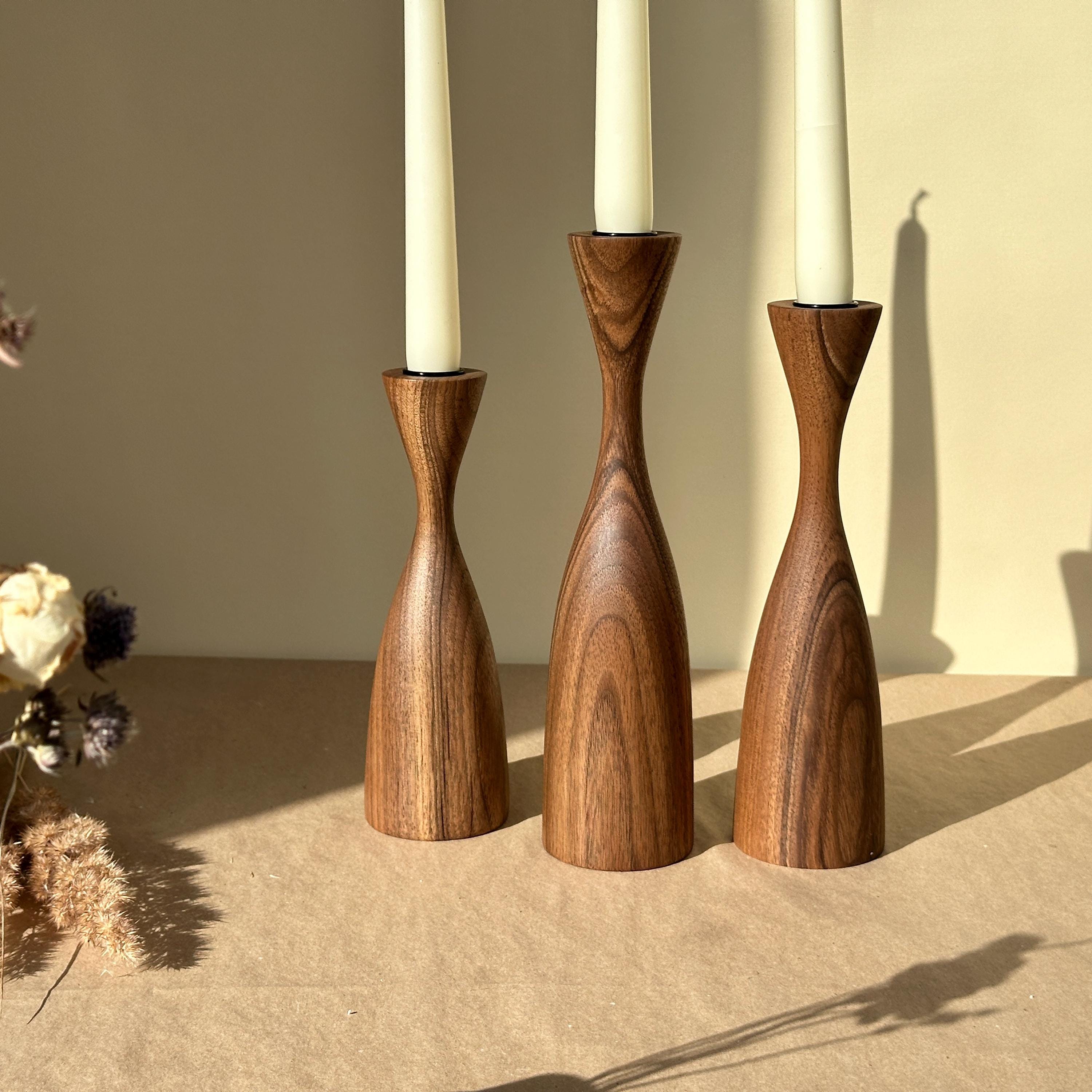 Rustic walnut wood candle holders, set of 3. Handcrafted elegance for modern home decor or the perfect gift.