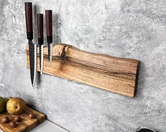 Walnut Magnetic Knife Holder  - Kitchen Wall Display with Natural Wood Character