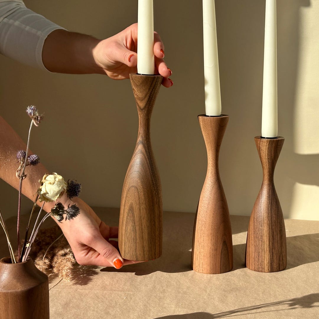 Rustic Walnut Wood Candle Holders: Handcrafted Home Decor, Set of 3 - Etsy