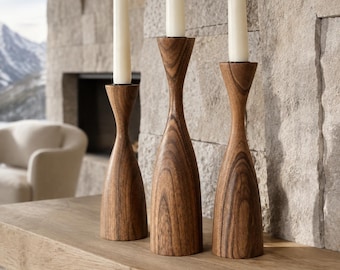 Walnut Candle Holder Set of Three | Wooden Taper Candlesticks for Table Decor