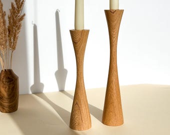 Tall Oak Wood Candle Holders for Taper Candles –Rustic Modern Decor, Eco Gift for Mom or Her, Housewarming Centerpiece, Set of 2 Candlestick