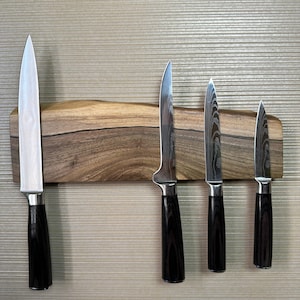 Premium Walnut Magnetic Knife holder with Live Edge Wood - Perfect for Home Chefs. The best knife storage solution for your kitchen.