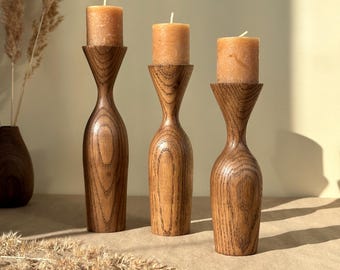 Elegant wooden candle holders, set of three, perfect for home decor, table decor or as a hostess gift