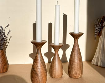 Wooden Candle Holders Set of Three | Walnut Taper Candlesticks for Home Decor