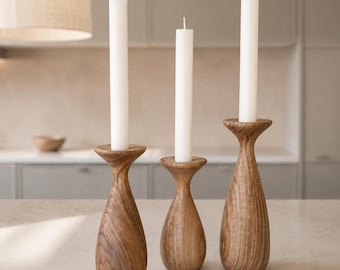 Walnut Candlestick Set of Three | Tall Wooden Holders for Dining Table