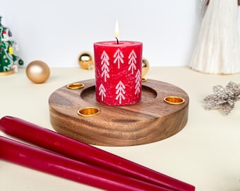 Walnoot adventskrans kandelaar – Handgemaakt houten kerststuk decor
