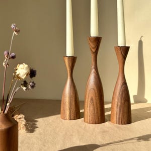 Rustic walnut wood candle holders, set of 3 | Handcrafted elegance for modern home decor or the perfect gift.