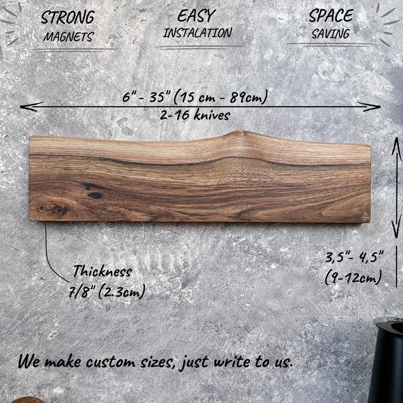 May include: A wooden magnetic knife holder with a natural wood grain finish. The holder is 15 cm to 89 cm long and can hold 2-16 knives. It is 9 cm to 12 cm wide and 2.3 cm thick. The text indicates strong magnets and easy installation.