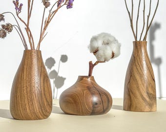 Walnut Wood Bud Vase Set: Small Rustic Home Decor for Dried Flowers
