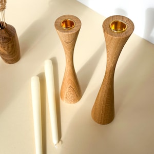 Tall Oak Wood Candle Holders for Taper Candles –Rustic Modern Decor, Eco Gift for Mom or Her, Housewarming Centerpiece, Set of 2 Candlestick