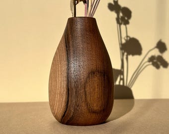 Handcrafted Walnut Vase: Rustic Wood Art for Dried Flowers
