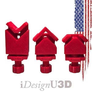 May include: Three red 3D-printed V-block clamps of varying heights, each featuring a threaded adjustment knob at the base and a V-shaped top cradle. The text iDesignU3D is visible at the bottom, and a vertical American flag graphic is on the right.