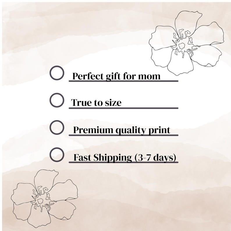 K&ouml;nnte beinhalten: Beigefarbener Hintergrund mit Aquarell-Blumenillustrationen und Text. Der Text enth&auml;lt "Perfect gift for mom", "True to size" und "Premium quality print". Der Satz "Fast Shipping (3-7 days)" ist ebenfalls vorhanden.