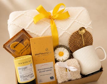 Presentask med solsken för kvinnor – Mysig och bekväm present med filt, mugg och ljus – Krya på dig-present till henne – Tänker på dig-present