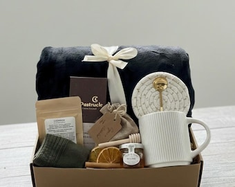 Caja de regalo Hygge Ultimate para hombre (con manta y calcetines), cesta de regalo "Mejórate pronto" para él, caja de regalo de condolencias, cesta de regalo para el duelo.