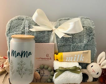 Caixa de presente para novas mamães: pacote de autocuidado pós-parto com cobertor, vela e chá