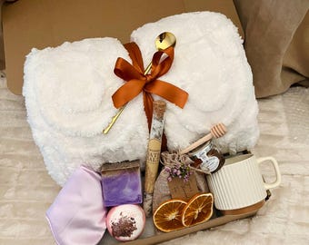 Personalized Hygge Gift Box: Blanket, Cozy Socks, Tea & Candle Self Care Set
