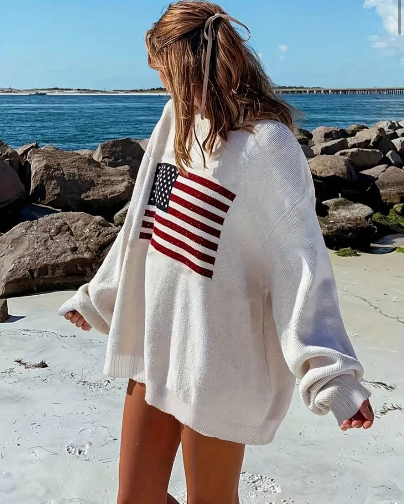 American Flag Crew Neck Sweater Soft Micro Elastic Acrylic Knit Fabric, Casual Drop Shoulder
