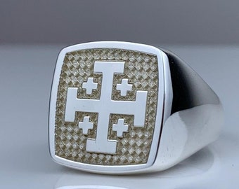 925 sterlingzilveren kruisring Jeruzalem: handgemaakte christelijke sieraden