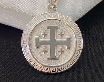 Silver Jerusalem Cross Necklace, Medallion Crucifix for Women and Men