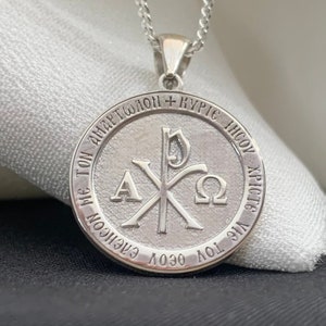 Collar de plata Chi Rho Alpha Omega, collar con símbolo del cristianismo para mujeres y hombres