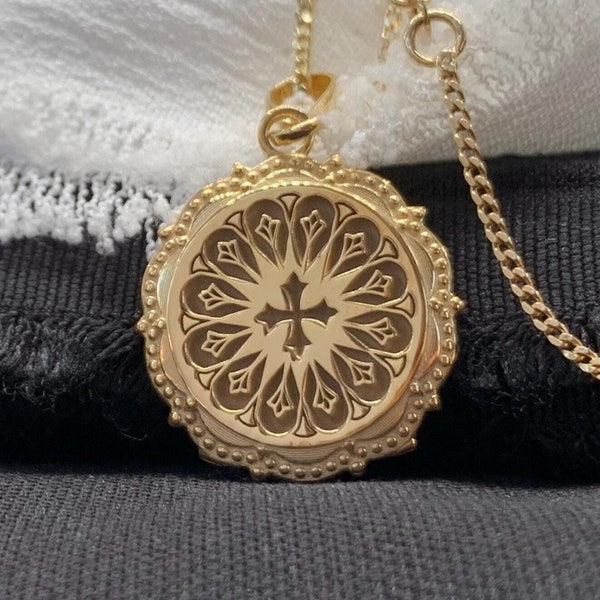 14K Solid Gold Religious Necklace: Floral Cross Pendant
