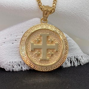 14K Solid Gold Jerusalem Cross Necklace, Medallion Cross for Women and Men