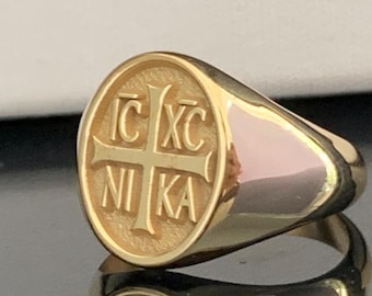 Handmade IC XC NIKA Cross Signet Ring: 14K Gold Plated Sterling Silver