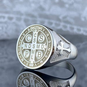 St. Benedict Ring with Cross & Saint Figure – Christian Protection Ring – Men’s Religious Ring in Silver or Gold