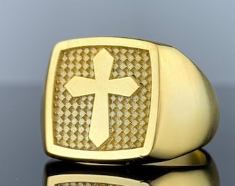 Gold Vermeil Square Cross Signet Ring: Sterling Silver Christian Jewelry