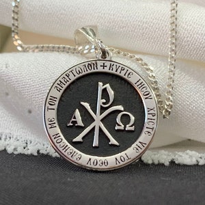 Silver Chi Rho Alpha Omega Necklace, Christianity Symbol Necklace for Women and Men