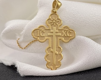 14K Solid Gold Orthodox Cross Pendant Handmade Religious Jewelry