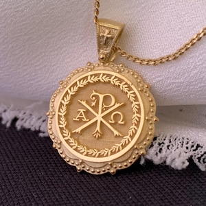 Collar Chi Rho de oro de 14 quilates, colgante de cristograma Alpha Omega, amuleto de protección cristiano ortodoxo, regalo para bautismo