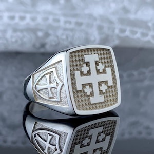 925K Sterling Silber Jerusalem Kreuz Ring, Sterling Silber und Massivgold Handgemachter religiöser christlicher Ring, anpassbare Seitengriffe