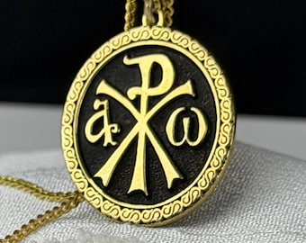 Pozłacany naszyjnik Chi Rho Alpha Omega, naszyjnik z symbolem chrześcijaństwa dla kobiet i mężczyzn