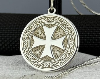 Templar Cross 925 Sterling Silver Pendant, Medieval Necklace