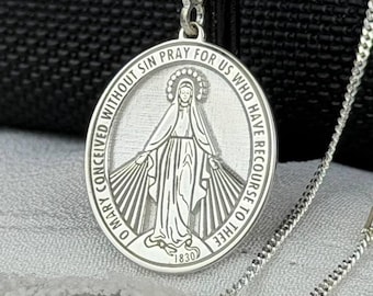 Sterling Silver Miraculous Medal Necklace: Catholic Virgin Mary Pendant ...