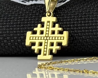 14K Solid Gold Jerusalem Cross Pendant Necklace - Minimalist pendant