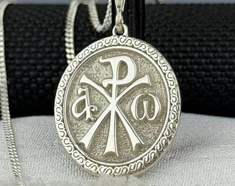 Srebrny naszyjnik Chi Rho Alpha Omega, naszyjnik z symbolem chrześcijaństwa dla kobiet i mężczyzn