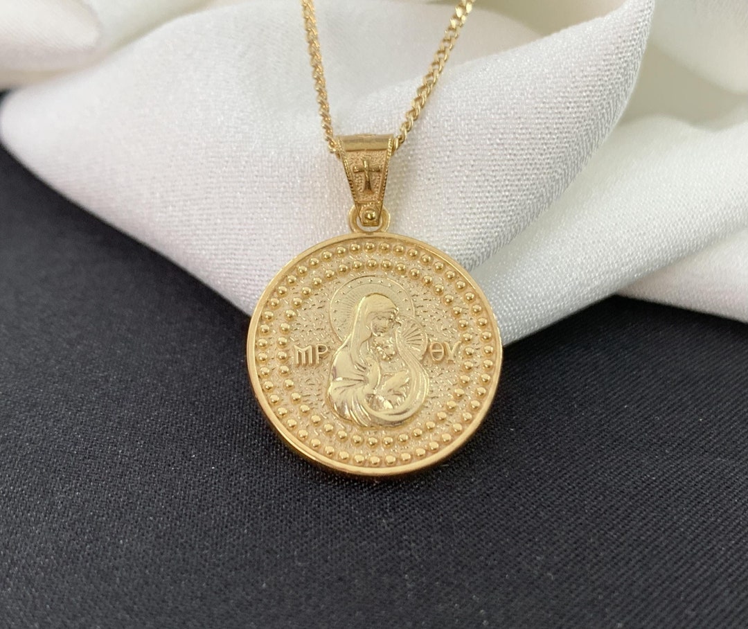 14K Solid Gold Virgin Mary Necklace: Double-sided Religious Pendant - Etsy