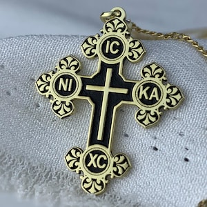 Handmade Gold-Plated Orthodox Cross Necklace with NIKA Symbols