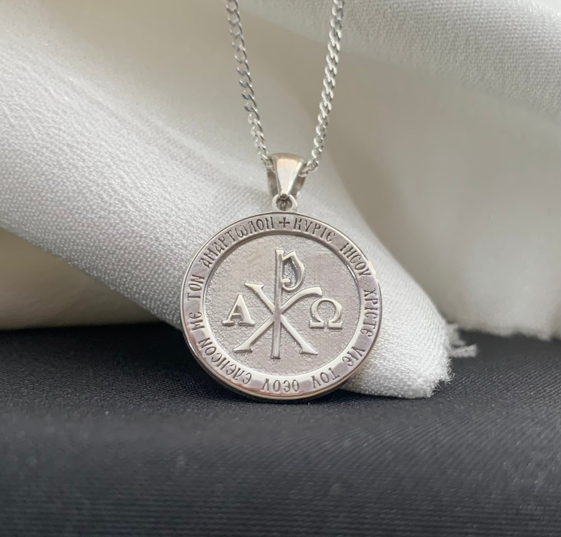 Silver Chi Rho Alpha Omega Necklace, Christianity Symbol Necklace 